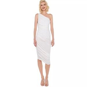 Norma Kamali Diana White Off Shoulder Shirred Stretchy Fitted Midi Dress sz S